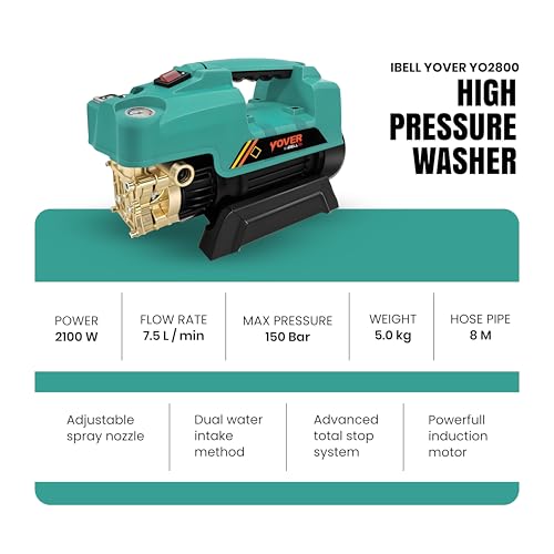 Image of IBELL YO2100 High Pressure Car Washer for Home & Bike Cleaning, 2100W Induction Motor, 150 Bar, 7.5 L /min Flow, Portable Pressure Washer with 8M Hose & Spray Gun