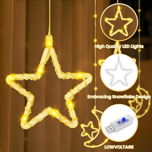Coverzone Su Geçirmez 3 Metre Led Işıklı Ay ve Yıldız Işık Zinciri Dekoratif Fişli Aydınlatma Ev Dekorasyonu Salon Oda Merdiven Balkon Süslemeleri için Yılbaşı Eğlence Doğum Günlerine Özel Aydınlatma