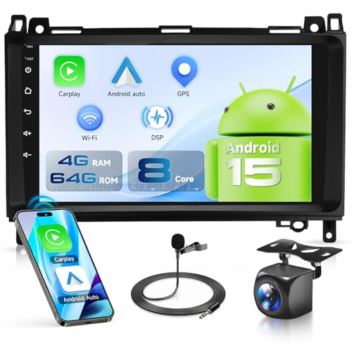 Radio Coche 8 Core Q-Snapdrago 4+64G Android 15 para Mercedes Benz W906 Sprinter W169 W245 W639 Vito Viano, 9'' HD Pantalla Táctil Radio con Carplay Android Auto GPS Wi-Fi DSP Bluetooth FM/RDS Cámara