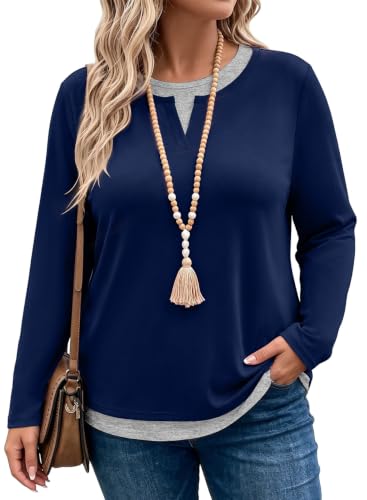 Image of Eytino Women Plus Size Fall Tops Patchwork Shirts (1X-5X)