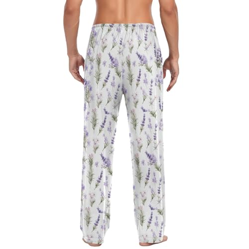 Men’s Lavender Flowers Pajama Pants with Pockets, Comfortable Lounge Sleep Bottoms#1752