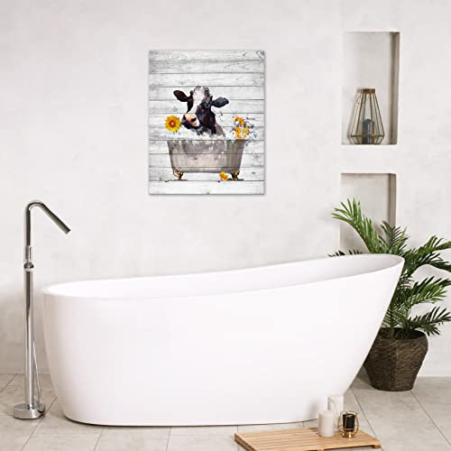 Hvest Farm Cow Wall Art Funny Farmhouse Cattle With Sunflower In Tub On Rustic Planks Canvas Abstract Painting Framed Modern Artwork Ready To Hanging For Bathroom Bedroom Living Room Decor,12X16 Inchs #TOP1