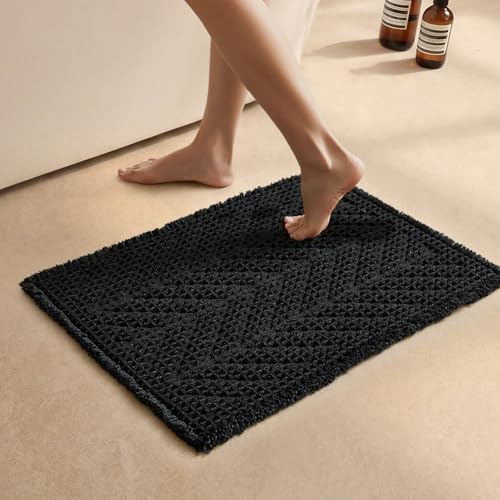 Sunfly Black Bathroom Rug, Waffle Bath Mat Non-Slip Washable Super Absorbent Quick Dry,Quick Drying,Boho Farmhouse Bathroom Decor 16"x24" Black