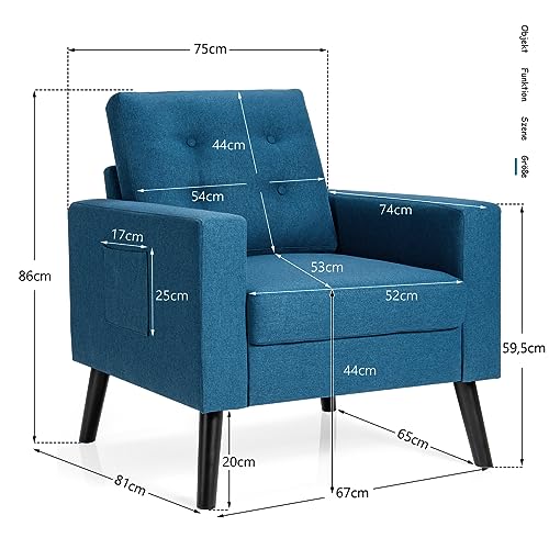 COSTWAY Sessel mit 2 Seitentaschen, Ohrensessel mit Armlehnen und Rückenkissen, Einzelsofa gepolstert, Fernsehsessel Relaxsessel Clubsessel, für Wohnzimmer, Schlafzimmer & Büro, modern (Blau) – Bild 4