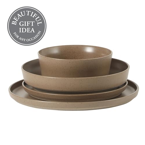 Image of Gibson Elite Overbrook 16-Piece Pottery Clay Stoneware Dinnerware Set - Terraccotta Brown Reactive Glaze, Stackable Plates and Bowls w /Pasta Bowl, Service for 4 - Microwave & Dishwasher Safe