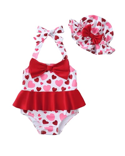 Image of Kucnuzki Baby Girl Swimsuit Newborn One Piece Bathing Suit Bow Tie Bikini Tankini Infant Swimwear with Hat