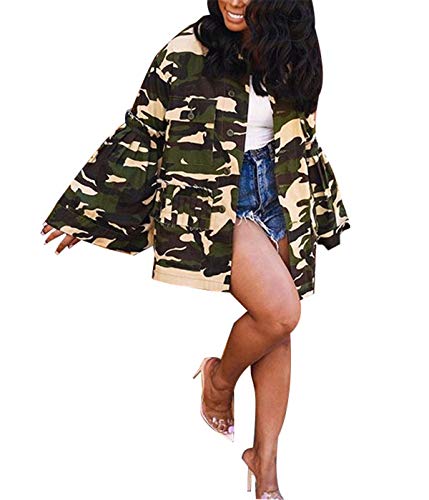 Womens Casual Loose Fit Military Camo Printed Flared Bell Sleeve Coat Longline Overcoat Safari Jacket Party Clubwear Army Fatigue Jackets L