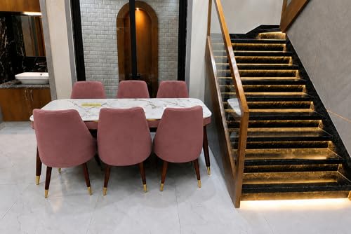 Image of WOODEN SPACE 6-Seater Wooden Dining Table Set | Nano Composite Marble Top | Solid Wood Base | Modern Dining Room Furniture with 6 Chairs (Pink Frontline)