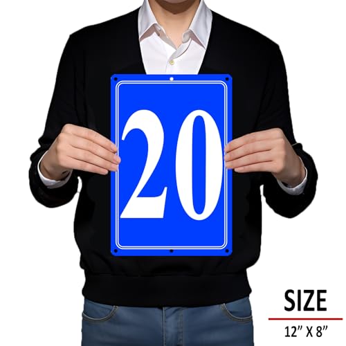 Image of Premium Aluminum Number Signs 20, Metal 12 inch X 8 inch Blue Numbered Signs Outdoor for Parking Lots, Floor, Dock, Court, Aisle, Field, High Visibility, No Fade, Weather-resistant
