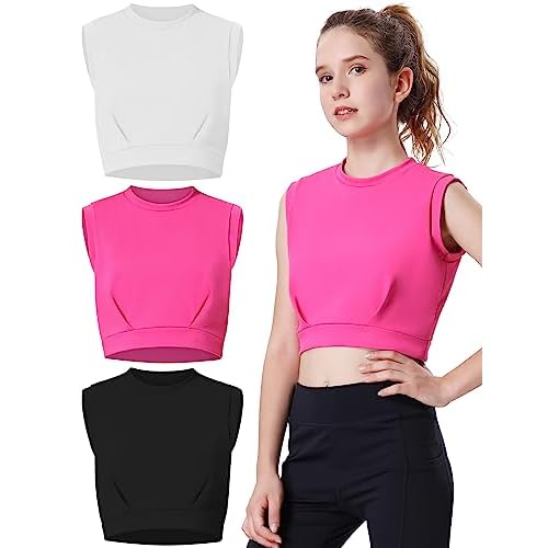 EXARUS Girls Tank Tops Athletic Crew Neck Sleeveless Elastic Waist Workout Gym Dance Crop Top 6-14Y 8 Years Set 1
