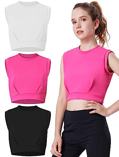 EXARUS Girls Tank Tops Dance Workout Athletic Crew Neck Sleeveless Elastic Waist Gym Crop Top Teen