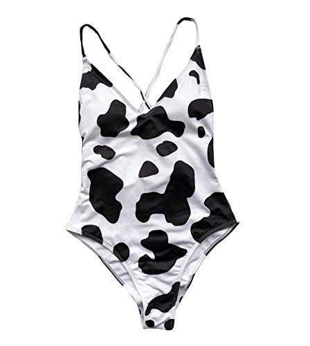 Maiô feminino com estampa de vaca com estampa de vaca e biquíni de corte alto, Preto e branco, G