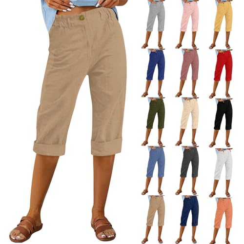 Generic Linen Capri Pants for Women Knee Length Casual Summer Trendy Baggy Beachwear Wide Leg Cropped Trousers with Pockets4