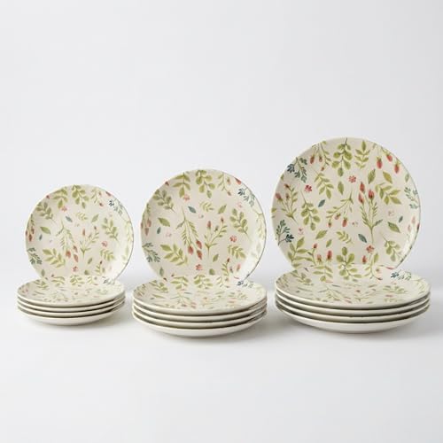 SANTA CLARA | Vajilla Completa 12 Piezas Cerámica Stoneware para 4 Personas, Apta Microondas y Lavavajillas, Vajilla Bouquet con Diseño Floral para Hogar y Cocina
