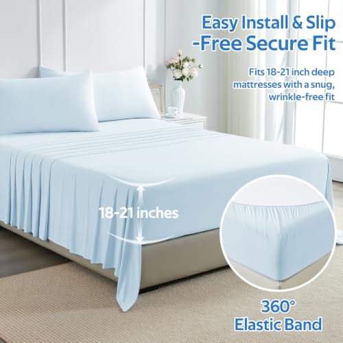 Image of Cooling Comforter Queen Size Set 4 Pieces, Summer Blanket with Dual-Sided Cool Tech, Deep Pocket Fitted Sheet Fits Up to 18 inch, Q-Max>0.55 Thin Comforter for Hot Sleepers, with 2 Pillowcases, Blue