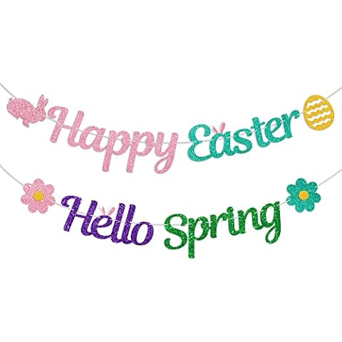 Hello Spring Banner - Happy Easter Banner Colorful Glitter- Spring Easter Decor Garland - Happy Easter Bunny Banner - Spring Garland Banner - Easter Egg Bunting - Easter Party Decorations Supplies Cover
