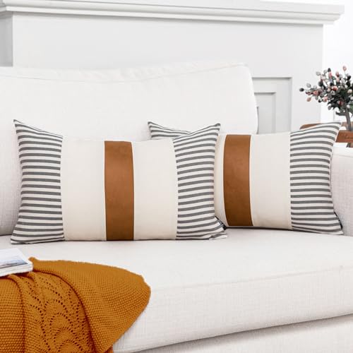 Vfuty Brown and Beige Decorative Pillow Cover Set of 2, Farmhouse...
