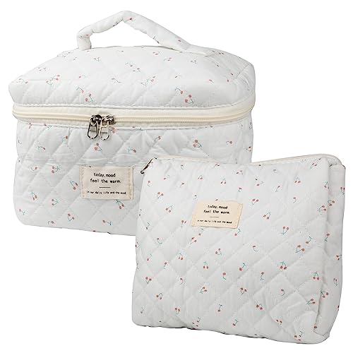 NATINSA Cute Makeup Bag for Women(2 Pcs), Travel Cosmetic Bags, Quilted Coquette Aesthetic Floral Toiletry Organizer Bag (Cherry)