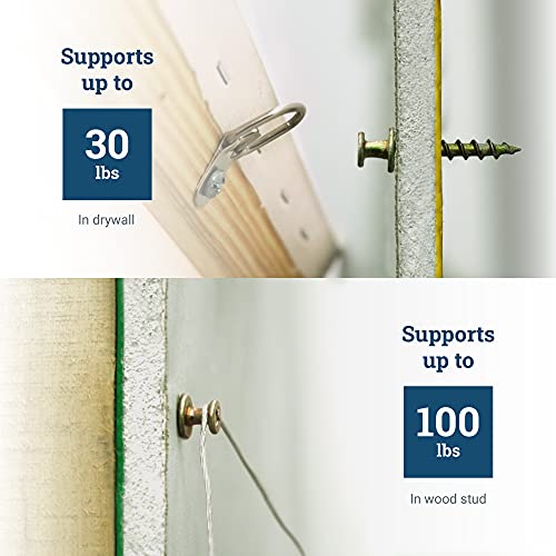 Bear Claw Screw Picture Hanger Gold - 30lb Picture Hooks - 4-in-1 Picture Hanging Screws for D-Rings, Sawtooth, Wire and Keyholes - Mounts in Drywall and Wood Studs 30 Pack Screw Anchors