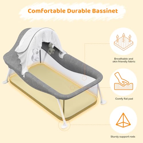 Growaystory Baby Reisebett,Geeignet für Babys von 0-5 Monaten,Portable Reisebettzelt,Klein Zusammenklappbar,Ausgestattet Moskitonetz und Spielzeug,Liegefläche 80 x 40 cm (Grau)