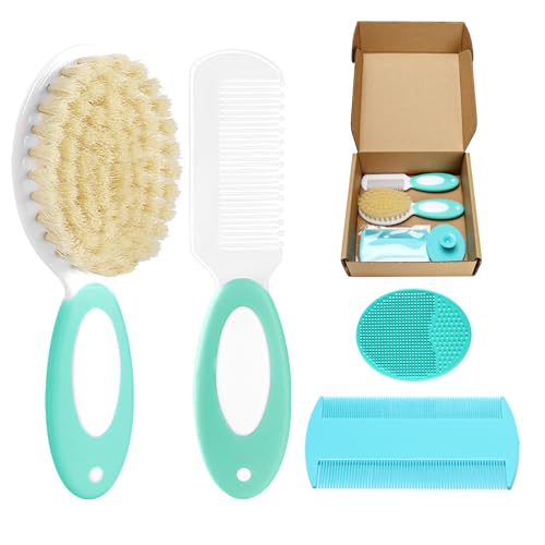 Image of Baby Hair Brush and Comb Set, 4Pcs Baby Soft Bristles Hairbrush Cradle Cap Brush Hair Comb for Newborns Toddlers Boys Girls (Green)