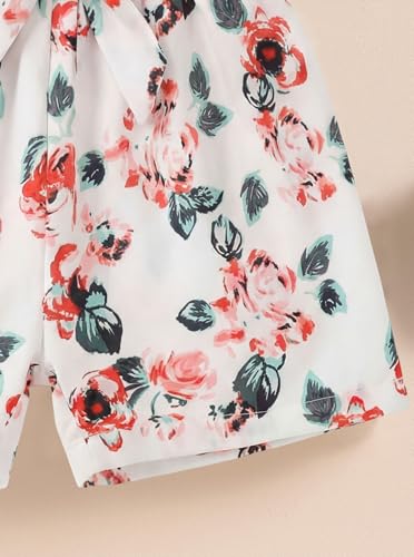 Image of Girls 2 Piece Outfits Summer Ruffle Sleeve Top and High Waisted Striped Shorts Set, Cute Casual Clothes for Girls 7-14 Pink Floral 13-14 Years