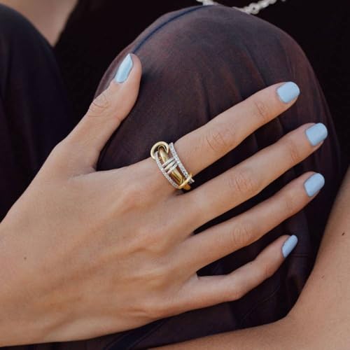 Gold Stackable Rings for Women Non Tarnish, 18k Gold Plated Cubic Zirconia Rings, Silver Gold Multi Ring Mixed Metals Stack Rings Set2