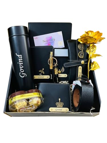 Image of Personalized Men's Gift Hamper | Custom Name Set - Diary, Temp Bottle, Wallet, Belt, Passport Cover, Keychain, Pen, Sunglass Cover, Golden Rose, Chocolate & Card
