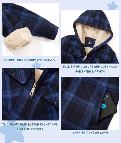 Image of V VALANCH Boys Flannel Jacket Hooded Fleece Lined Zip-up Hoodies Plaid Coat for Kids
