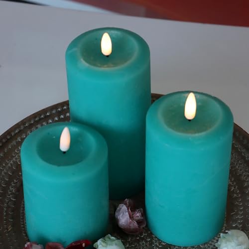Image of CANDLE CHOICE Real Wax Battery Operated Flameless Candles with Remote Automatic Timer Realistic Flickering Electric LED Pillars Wedding Party Holiday Decorations 3 Pack Rustic Texture Peacock Blue