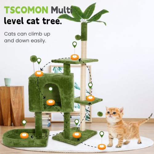 Image of 52inch Large Cat Tree Tower Condo with Hammock for Indoor Cats, Soft Plush Multi-Level Climbing Tree Cat House with Cat Cave, Scratching Post, Sisal Rope, Green