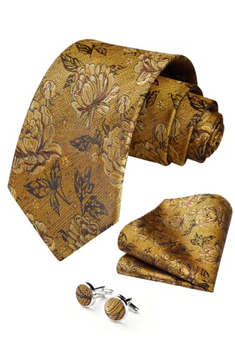 Image of HISDERN Ties for Men Paisley Tie and Pocket Square Cufflinks Set Formal Classic Floral Necktie Handkerchief Wedding Party