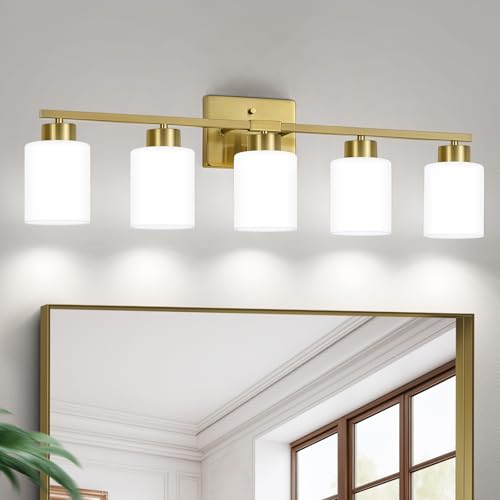 Image of FonmYim Brushed Gold Bathroom Light Fixtures, 5-Light Modern Vanity Light Over Mirror, Wall Sconces with Milky White Frosted Glass Shades, E26 Socket (Bulbs Not Included)