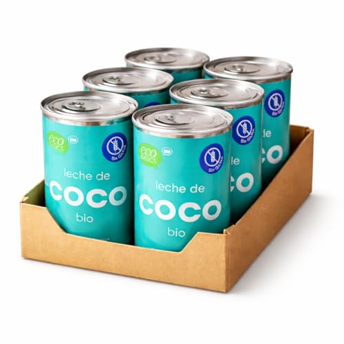 Pack 6 Leche de Coco EcoBasics Ecologica 400 ml, bebida vegetal cremosa para cocinar, con extracto de coco ecológico mínimo 50%, ideal para currys, sopas, salsas y postres, 2,4 L total.