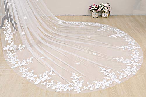 Elawbty 1 Tier Floral Lace Wedding Bridal Veil For Bride 3.5M Ivory Royal Length #TOP2