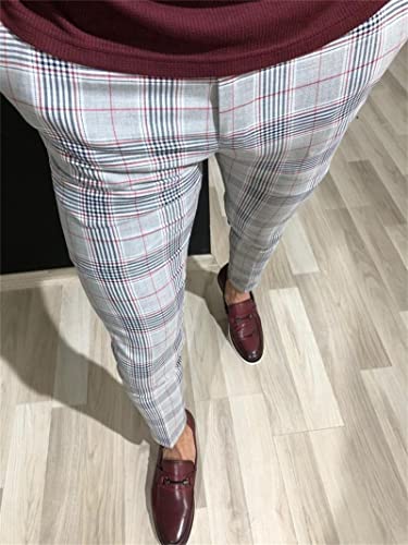 Men's Plaid Stretch Dress Pants Stripe Skinny Fit Flat Front Formal Pant Casual Slim Business Pencil Trouser2