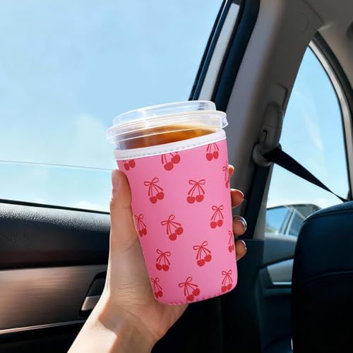 Image of Reusable Insulated Sleeve for Iced Coffee Cup, 3-Pack Coffee Neoprene Drink Sleeve for Cold & Hot Drinks, Beverage Holder for Iced Coffee (Pink Cherry Bows)