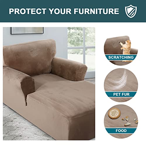 FantasDecor Velvet Chaise Lounge Cover Stretch Double Arm Chair Slipcover for Living Room Bedroom Soft Plush Fabric Machine Washable, Taupe