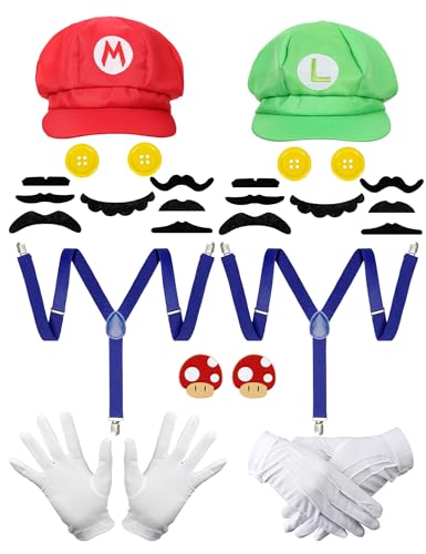 LNEPKCD Red and Green Costume Hats Accessories Adult Halloween Cosplay with Mustaches Suspenders Gloves Buttons and Brooch(Multicolor)