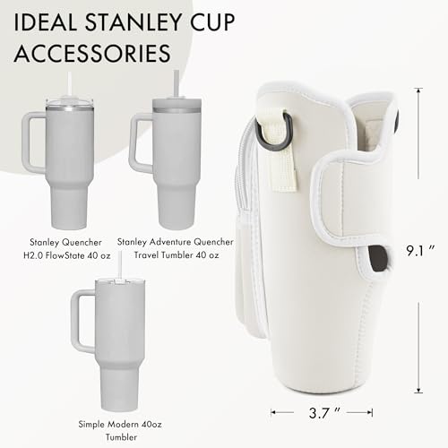 Image of Water Bottle Carrier Bag with Phone Pocket for Stanley Cup 40 /30 oz, Water Bottle Holder with Adjustable Strap& Straw Cover, Stanley Cup Accessories (White)