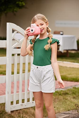 Image of Flypigs Girls T Shirts Ruffle Sleeve Summer Casual Ribbed Knit Crewneck Tee Tops Blouses