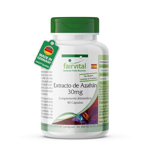 fairvital Extracto de azafrán 30mg, 90 cápsulas, fáciles de tragar, con ácido pantoténico, vitamina B6 y vitamina B12, envase grande para 3 meses, vegano