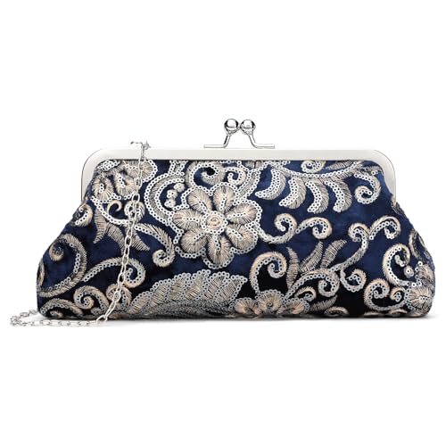 RNIEGA Small Clutch Purse for Women Floral Embroidery Sequin Evening Bags Elegant Kiss Lock Wedding Party Cocktail