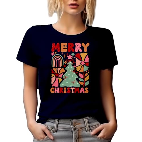 Novelty Crewneck T-Shirt, Merry Christmas - Retro Boho Xmas Art