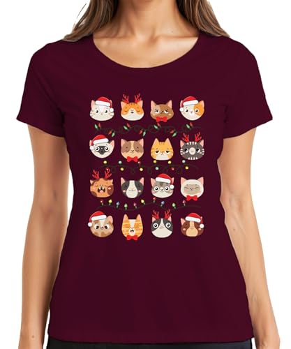 Gatos Navidad Festivos Navidad Navidad Camiseta Mujer, granate, 3XL
