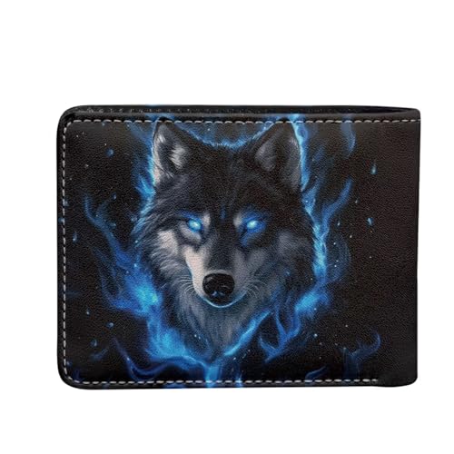 Image of Coldinair Wolf Blue Fire Flame Wallet for Teen Boys Kids Bifold Wallet Purse Leather Credit Card Cash Id Holder Cool Slim Bifold Small Coin Purses