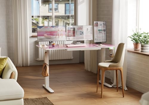 Image of INNOVAR Glass Standing Desk with Drawers 55x24 Inch Morandi Powder