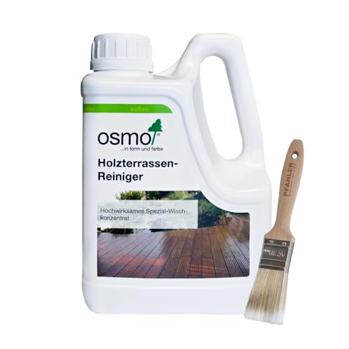 Osmo Holzterrassen-Reiniger Konzentrat 8025 Farblos Inkl. Gratis PFAHLER-Pinsel. Reinigung aller Holzbodenbeläge im Außenbereich.Holzterrassenreinigung für Zäune und Gartenmöbel aus Holz