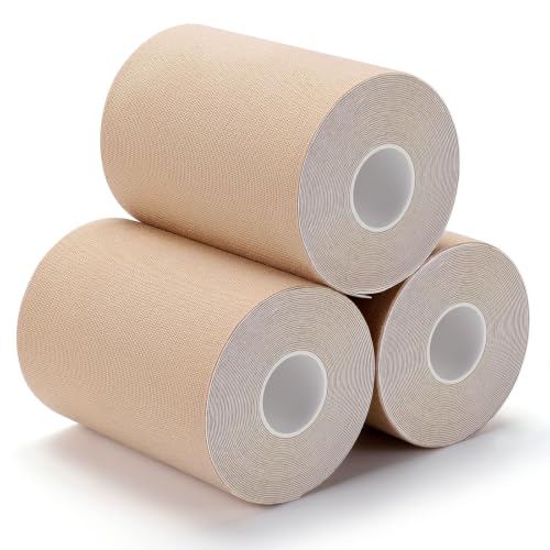 Image of 3 Rolls Wide Kinesiology Tape, Waterproof, 4 inch x 5.5yd, Light Beige | Breathable Latex-Free Cotton, High Elasticity for Muscle & Joint Support, Free-Cut for Sports Recovery on Shoulders, Knees