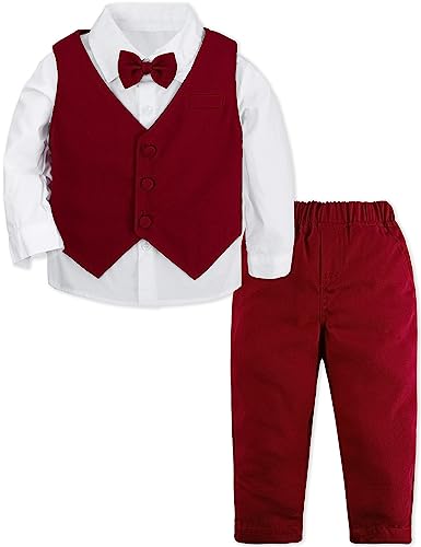 mintgreen Baby Anzug Junge, 3 Stück Gestreift Outfit Hochzeit Gentleman Kleiderset Lange Ärmel Hemd + Weste + Hosen + Krawatte, Burgund, 3-4 Jahre, 110